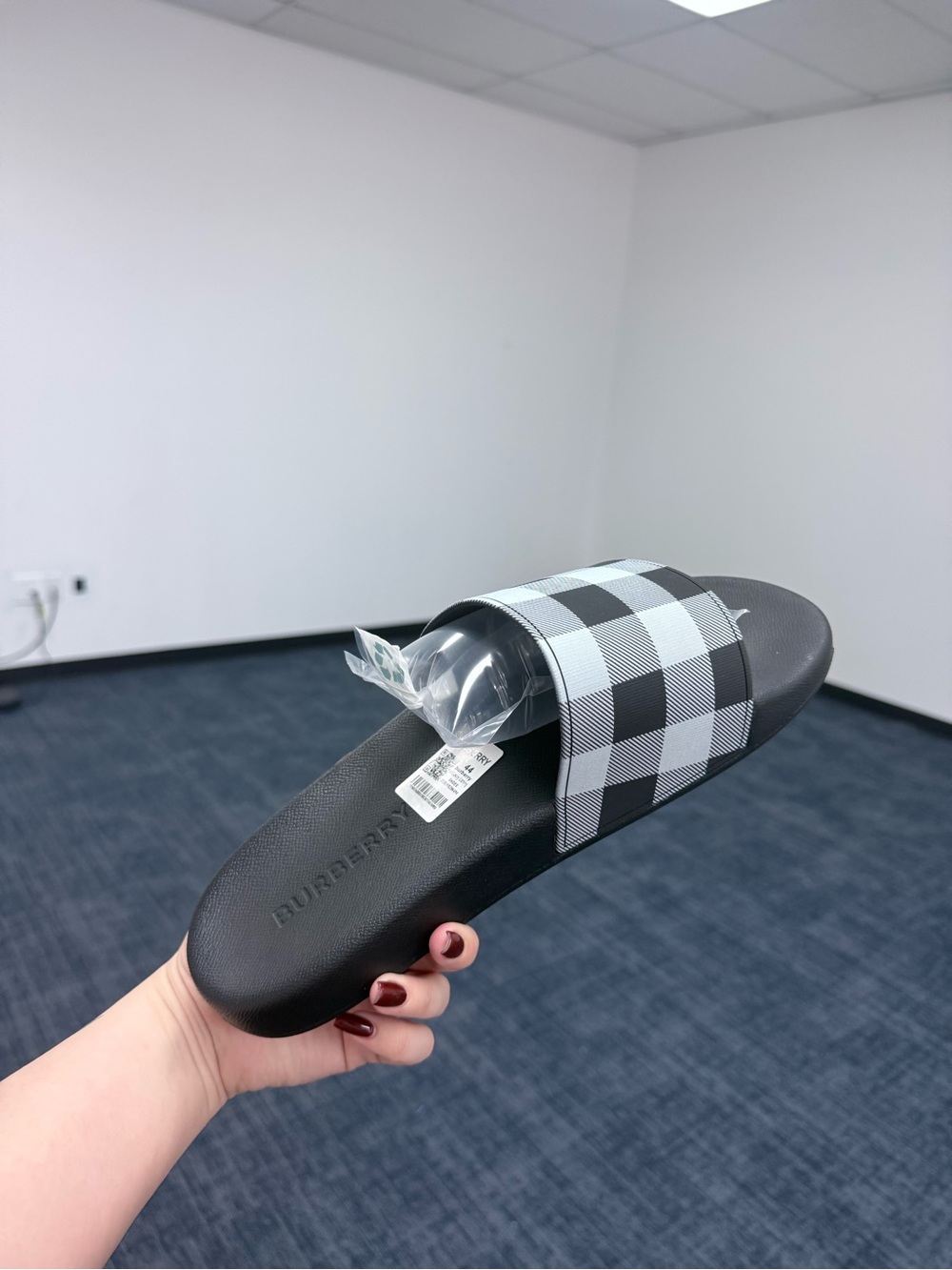 Burberry Black Slide Sandal with Gray Check Strap